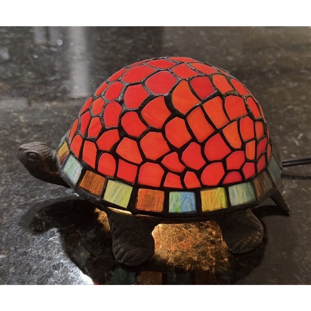 Vintage 8" Orange Red Mosaic Tiffany Style Stained Glass Turtle Lamp Metal Base